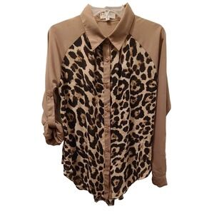 Umgee Womens Animal Print Top Blouse Long Sleeve Button Down Size Small Boho EUC